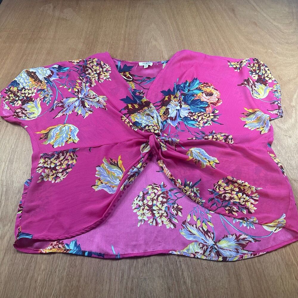 Umgee USA Women’s Medium Pink Floral Faux Tie Front Blouse Boho Sheer Top